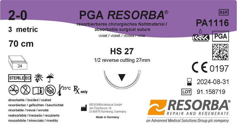ПГА Ресорба USP 2-0 фіолетовий, 70см, зворотньо-ріжуча голка 18 мм, 1/2 кола